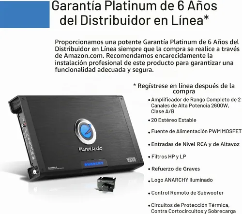 Vista 3 de Planet Audio AC1000.2 Anarchy amplificador estable de 2 ohmios, rango completo de 1000 W, clase A/B, de 2 canales, 2600 vatios máx. Estable a 2 ohm.