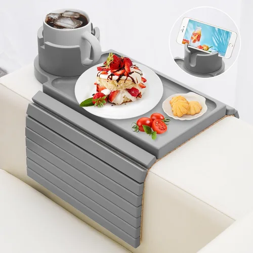Vista 10 de Bandeja para portavasos de sofá, mesa de madera de acacia con soporte para teléfono, bandeja plegable grande para sofá para mesa de aperitivos
