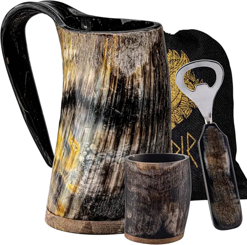 Vista 11 de FENRIR Taza de cuerno vikingo de 16 onzas con vaso de chupito, regalos vikingos para hombres y mujeres, abridor de botellas, jarra de cuerno de buey