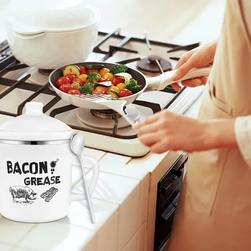 Vista 6 de Recipiente de grasa de tocino de 1.5 L con colador, recipiente grande de 46 onzas de esmalte rústico con tapa y cuchara, protector de grasa