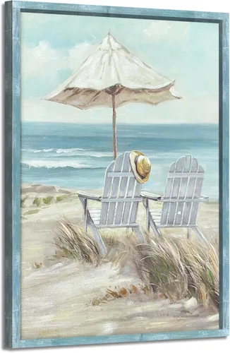 Vista 18 de Arte de pared enmarcado costero abstracto, imagen de silla de playa, pintura moderna del océano, impresiones de paisaje marino relajante, decoración