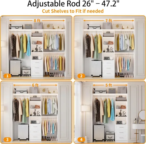 Vista 6 de Sistema de Armario con Cajones, Sistema Organizador de Armario de 5-8 Pies, Sistema de Almacenamiento de Armario Walk-in de Madera de 96
