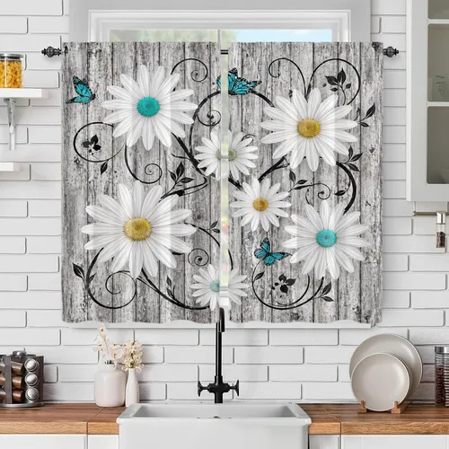 Vista 10 de Cortinas de ventana de cosecha de otoño, marco de madera rústica, cortinas florales de pacas de heno y calabaza, cenefa de cocina de Acción