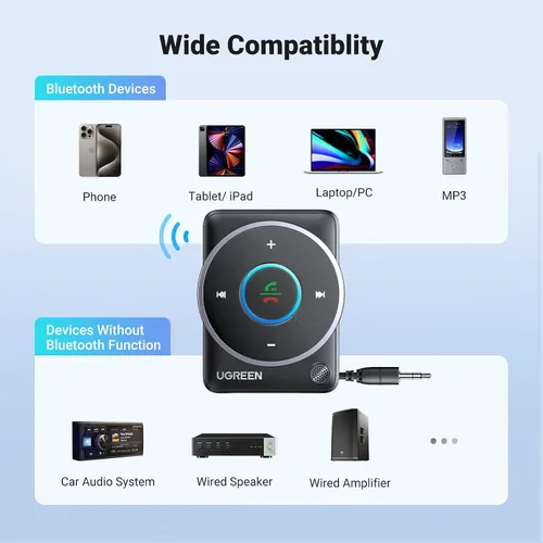 Vista 4 de UGREEN Adaptador auxiliar Bluetooth 5.4 para automóvil, [conexión mejorada y cancelación de ruido], receptor auxiliar Bluetooth con cable trenzado