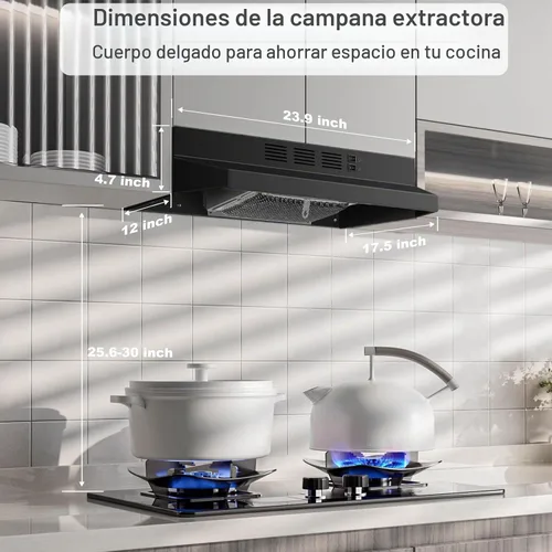 Vista 2 de SNDOAS Campana extractora negra de 24 pulgadas, Campana extractora sin conductos para debajo del gabinete, Campana extractora de cocina de acero