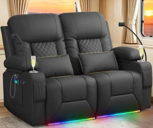 Vista 23 de YONISEE Juego de muebles de sala de estar, sofá biplaza reclinable de 2 plazas y silla reclinable giratoria de 360° con masaje, sofá reclinable