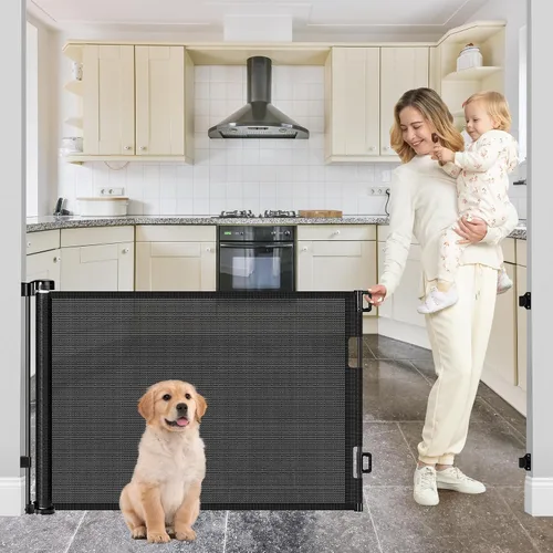 Vista 9 de Puertas retráctiles para bebés para puertas, puertas retráctiles para perros de 55 pulgadas de ancho, barreras para perros para la casa, barreras