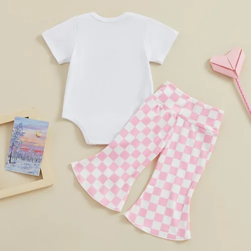 Vista 102 de Sejardin Ropa de verano para bebé y niña, recién nacida, manga corta, con letras, mameluco elástico con diadema