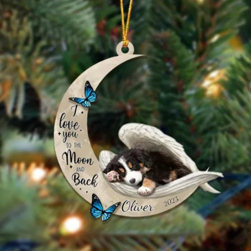 Vista 115 de Adorno colgante personalizado de ángel durmiendo en la luna, perro sabueso afgano, nombre personalizado, acrílico impreso en 2D plano – cumpleaños