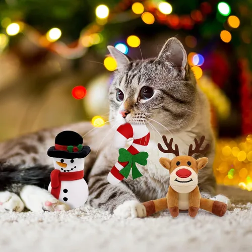 Vista 5 de Vansolinne Juguetes de Navidad con hierba gatera, 6 juguetes interactivos masticables para gatos de interior, juego de juguetes de dentición