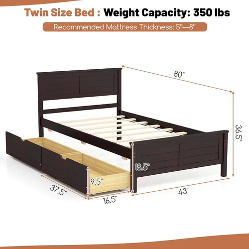 Vista 2 de GOFLAME - Base de cama tamaño individual con 2 cajones, base de plataforma con cabecera y estribo de madera maciza, listones de madera para soporte