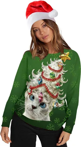 Vista 4 de ALBIZIA sudadera unisex con cuello redondo y estampado de animales, suéter feo de Navidad