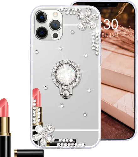 Vista 8 de Compatible con iPhone 13 - Funda con espejo de maquillaje para mujeres y niñas, funda de lujo con diamantes de imitación brillantes con anillo