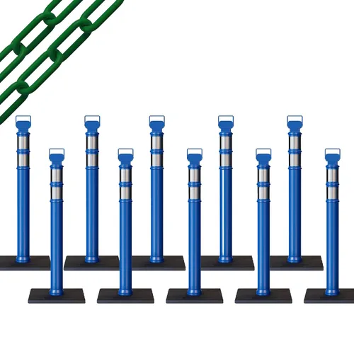 Vista 10 de CCW 10-Pack 45" Delineador Post Kit, 3" Collares reflectantes, 10 lb Base de goma (10 postes azules con cadena negra de 50 pies)