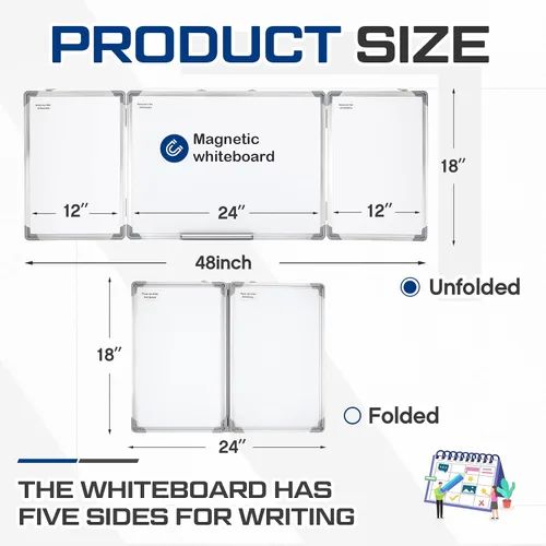 Vista 2 de AmazingSpark Pizarra blanca plegable de 48 x 18 pulgadas, pizarra blanca plegable grande, triple pizarra magnética de borrado en seco, marco