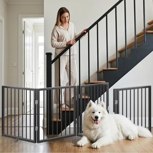 Vista 4 de Vantas Puerta plegable de metal para mascotas sin ensamblaje, puerta de 80" de ancho, puerta para perros de 24" extra alta con puerta de paso