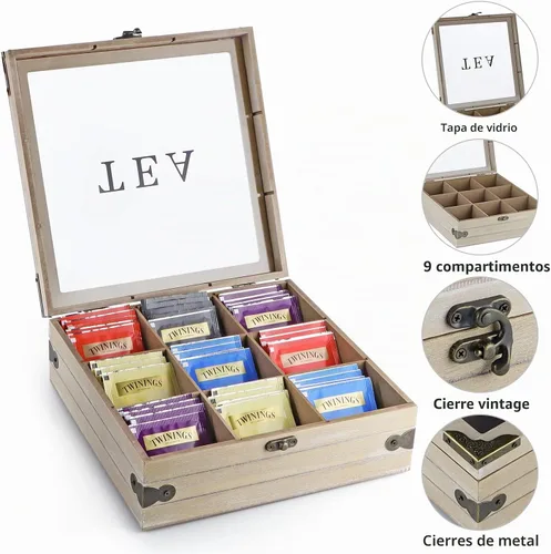 Vista 4 de Organizador de caja de té de madera MOLIGOU, cofre de almacenamiento de té con tapa de vidrio, 9 compartimentos, soporte para bolsas de té