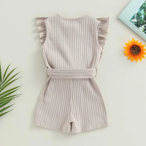 Vista 4 de AEEMCEM Mameluco corto para bebé niña con volantes, sin mangas, con botones, cinturón, traje de verano
