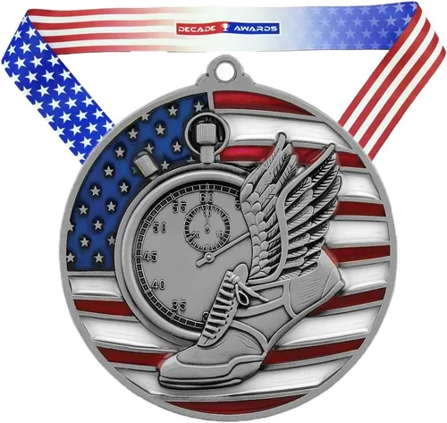 Vista 4 de Decade Awards Track & Field - Medalla patriótica - Oro, plata, bronce Premio al running rojo, blanco y azul con cinta de estrellas y rayas