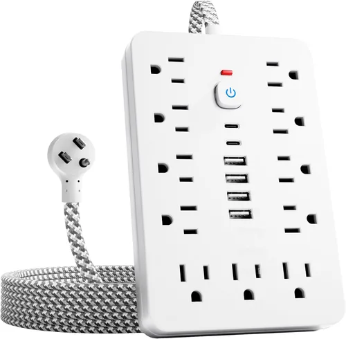 Vista 7 de Protector de sobretensiones - Enchufe de pared con múltiples tomas de corriente alterna, 6 puertos USB (2 USB C), cable de extensión corto negro