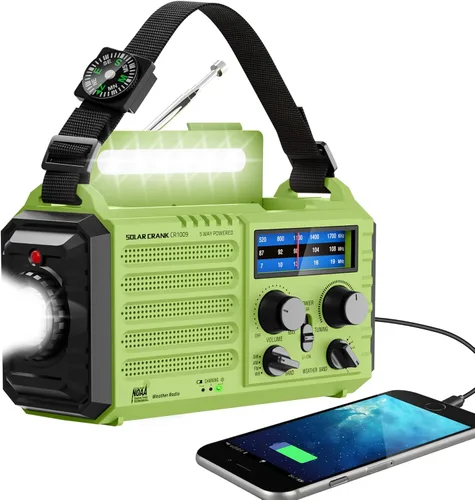Vista 15 de Eoxsmile NOAA - Radio meteorológica de 12000 mAh, radio de emergencia con manivela manual, solar, funciona con pilas, radio portátil de onda corta