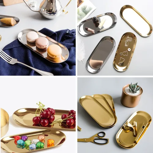 Vista 3 de Bandeja decorativa de acero inoxidable, juego de 2, 9 pulgadas de largo, organizador de cosméticos, organizador de baño, bandeja de almacenamiento
