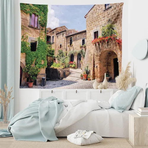 Vista 6 de Lunarable Tapiz de la Toscana, calles italianas en el campo, casas de ladrillo tradicionales con estampados antiguos toscanos, decoración de tela