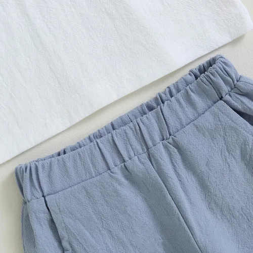 Vista 6 de Conjunto de camisa de manga larga con cuello de banda de algodón y lino para bebé y niño, pantalones casuales para otoño e invierno