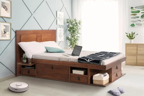 Vista 34 de Memomad Bali Set: Plataforma de almacenamiento con cajones + Cabecera con estantería (Tamaño individual, madera color marrón caramelo)