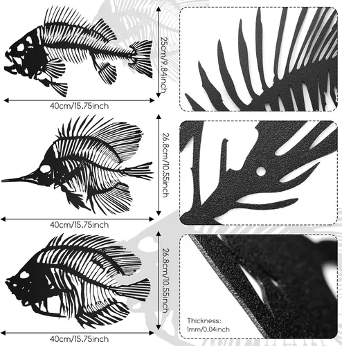 Vista 2 de Zhengmy - 3 piezas de metal para decoración de pared de pesca, diseño de hueso de pescado rústico, estilo náutico, para interiores, exteriores, Negro