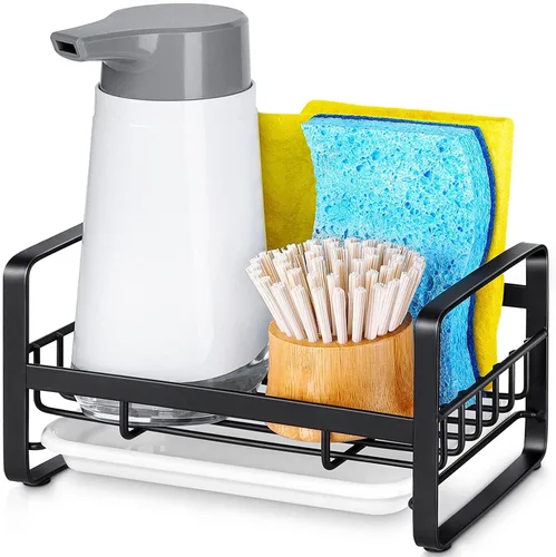 Vista 10 de HULISEN Soporte grande de esponja, organizador de dispensador de jabón de cocina de acero inoxidable 304, escurridor de jabón de encimera con Negro
