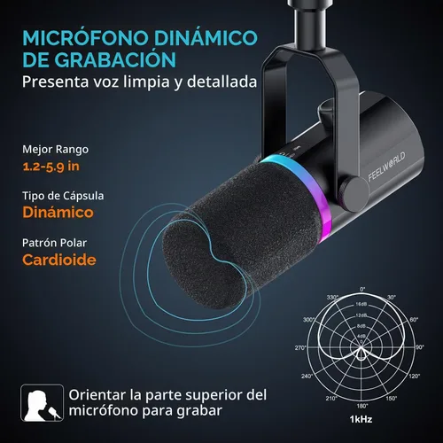 Vista 6 de FEELWORLD PM1 XLR USB Negro Metal Podcast Micrófono Dinámico con Escritorio