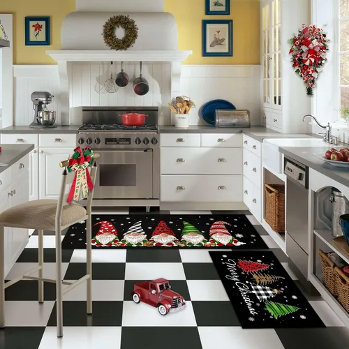 Vista 6 de Juego de 2 alfombras de cocina de Navidad - Alfombra de cocina a cuadros de búfalo, gnomos de árbol, alfombra de cocina negra, alfombra de piso