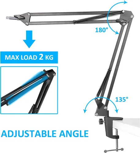 Vista 6 de MXL 770 990 Soporte de micrófono con filtro pop – Soporte de brazo de tijera de suspensión de micrófono con parabrisas de espuma para micrófonos MXL
