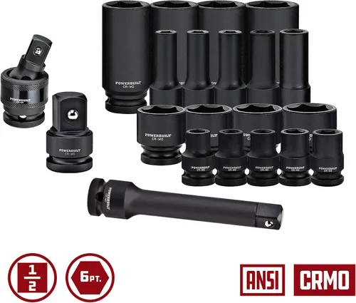 Vista 3 de Powerbuilt Master Juego de llaves de impacto de 63 piezas de 1/2 pulgada, extensiones, llaves de impacto métricas y SAE profundas/estándar, junta
