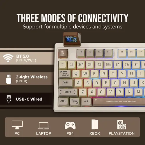 Vista 3 de EPOMAKER Teclado retro RT100 para juegos con pantalla de visualización, BT5.0/2.4G/USB-C, junta de 97 teclas, teclado personalizado, intercambiable