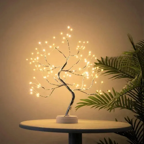 Vista 8 de Luz de árbol de bonsái dorada mate de 20 pulgadas, lámpara de mesa de árbol de luz de hadas artificial, ocho modos de iluminación, funciona con USB