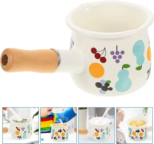 Vista 6 de Olla de leche esmaltada de 16.9 fl oz, mini cacerola antiadherente, calentador de mantequilla con mango de madera pequeños utensilios de cocina