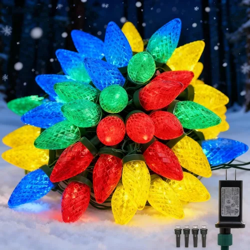Vista 3 de Luces de Navidad C9 para exteriores, 33 pies, 50 luces LED, 8 modos de iluminación, impermeables, extensibles para interiores y exteriores, techo