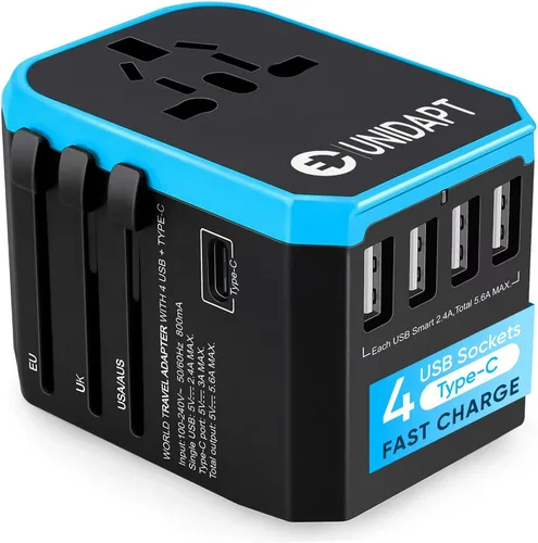 Vista 9 de Unidapt Adaptador de viaje universal, adaptador de enchufe internacional de 70W con 3 USB-C PD de carga rápida y 2 USB-A de carga rápida, adaptador
