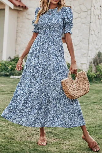 Vista 3 de BTFBM Vestidos para mujer cuello redondo casual de verano con volantes manga corta bohemio con niveles fruncido largo con estampado floral
