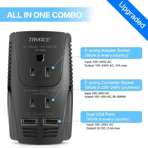 Vista 3 de Convertidor de voltaje de 2000 W de 220 V a 110 V, adaptador de viaje de 10 A con 2 puertos USB, convertidor de corriente para secador