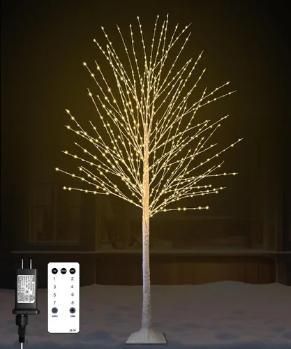 Vista 10 de Árbol de abedul iluminado de 4 pies con 400 luces LED de color blanco cálido, 8 modos, temporizador remoto de árbol de Navidad, árbol de Navidad
