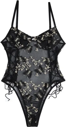 Vista 18 de Lilosy Teddy de Lencería Sexy para Mujer con Cordones y Bordado Floral, Body Top de Malla Transparente de Una Pieza Verde militar