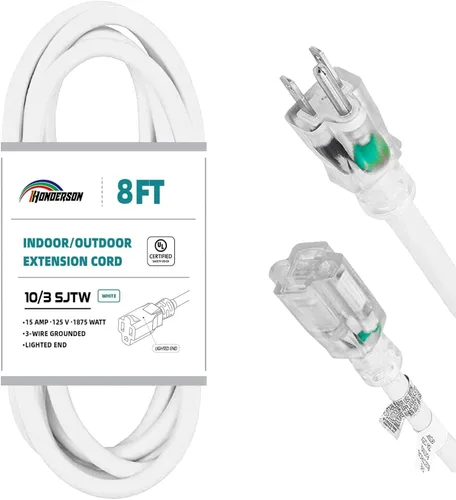 Vista 24 de Cable de extensión resistente a la intemperie con extremo iluminado, certificado UL, calibre 10, 3 pies, color blanco, 3 clavijas, resistente, cable