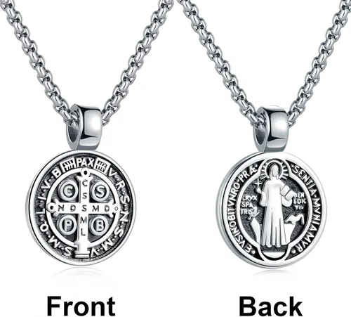 Vista 2 de FSYAEGZA Collar con colgante de medalla de exorcismo de San Benito para hombre, de acero inoxidable, colgante de cruz religiosa católica, colgante