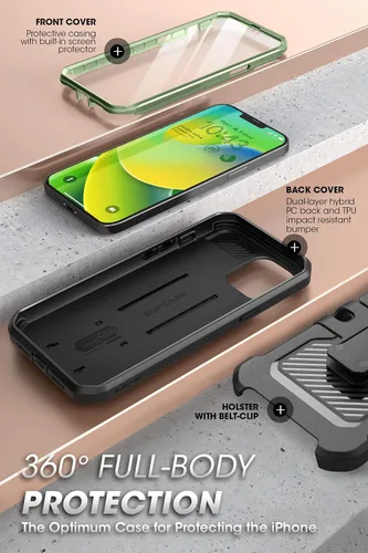 Vista 5 de SUPCASE Funda para iPhone 14 con soporte y clip para cinturón (Unicorn Beetle Pro), [protector de pantalla integrado]