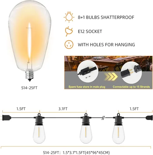 Vista 5 de Luces de Cadena para Exteriores 50 pies IP65 Impermeables Luces de Patio con 15 + 2 Bombillas LED Irrompibles Grado Comercial Luces de Cadena LED