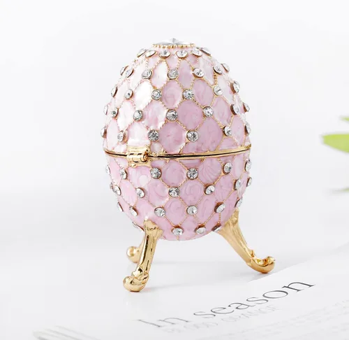 Vista 3 de Ingbear Estatuilla de huevo rosa Faberge con bisagras, regalo único para el día de la madre, joyero esmaltado chapado a mano, adornos
