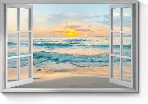 Vista 7 de Arte de Lienzo de Ventana Abierta para Pared: Paisaje Costero de Playa al Atardecer Vista de Ventana Falsa Imagen Olas Azules del Océano Pintura